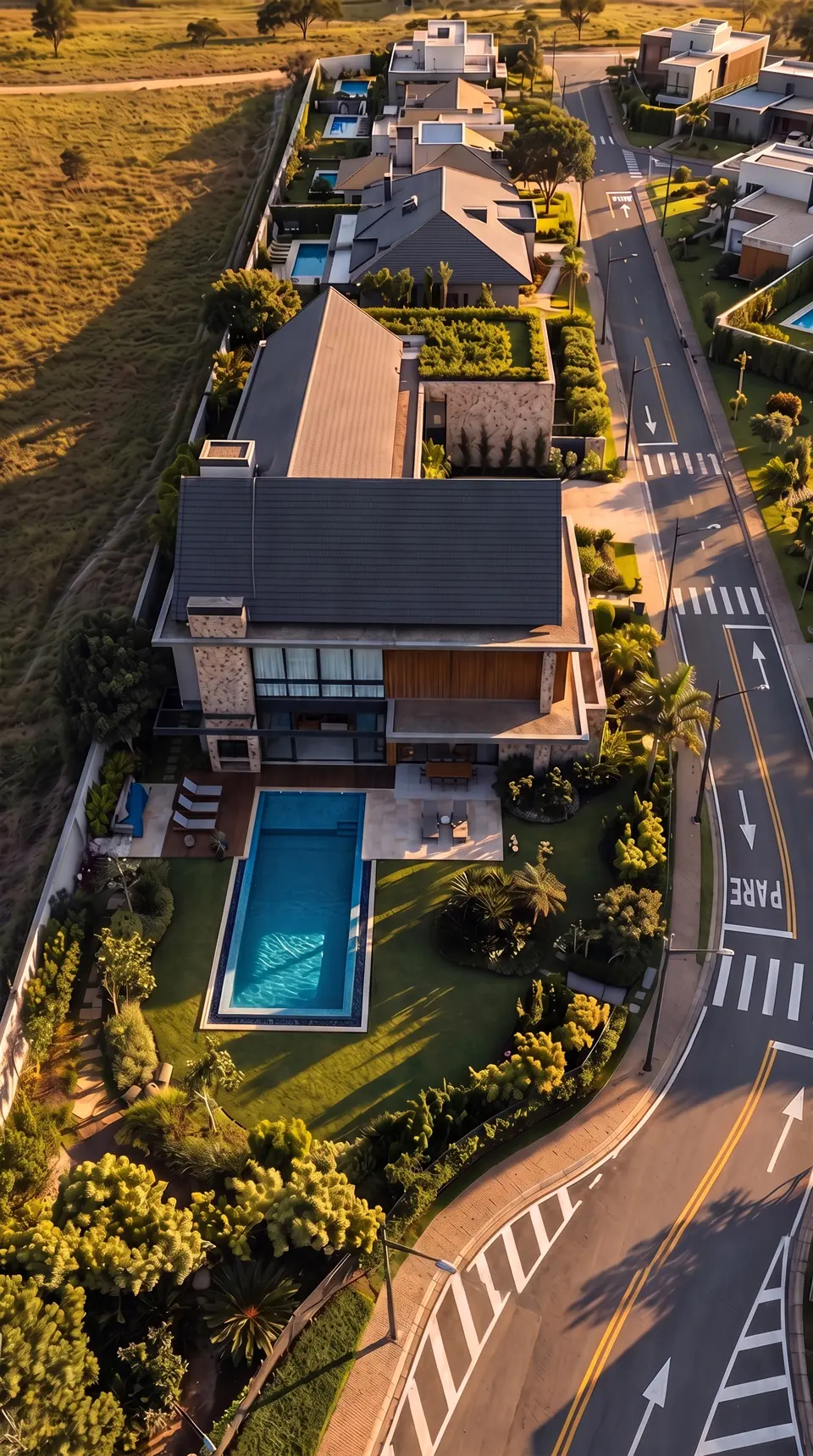 Casa com piscina e jardim ao entardecer