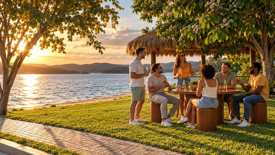 Amigos reunidos em um quiosque à beira da represa no fim de tarde